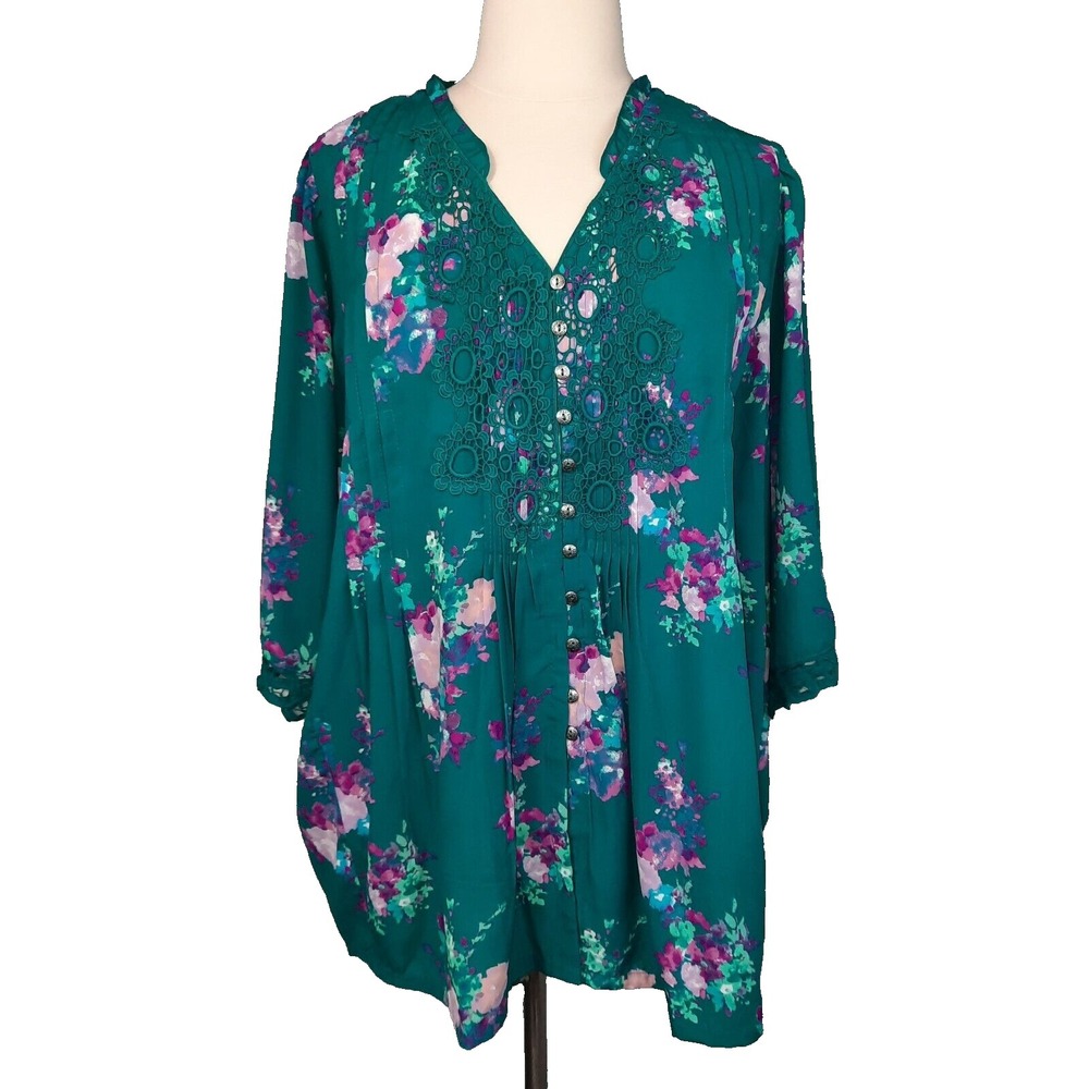 Roamans Tunic Blouse Top Womens 26W Teal Watercolor Floral‎ Crochet Lace Boho